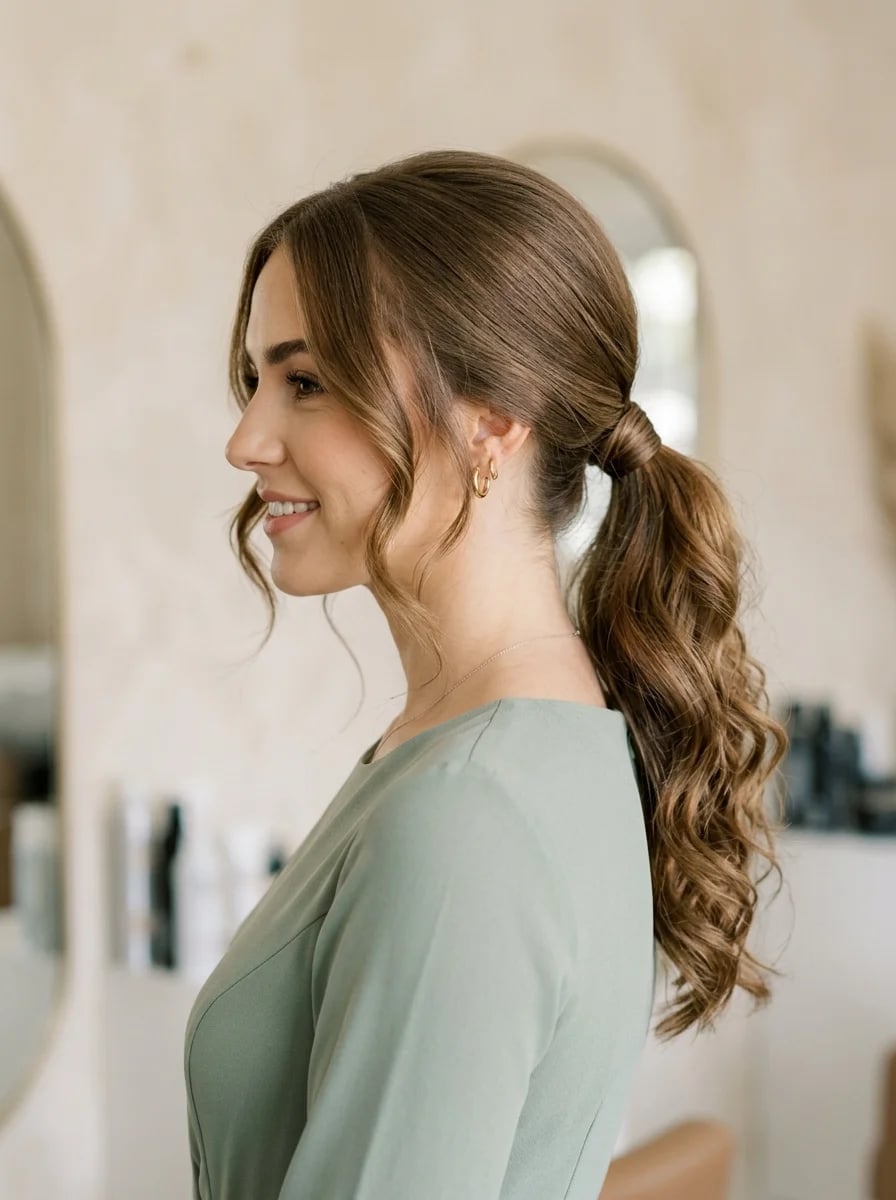 Dark Blonde Low Ponytail Loose Waves Curtain Bangs — Low Ponytail Hairstyles