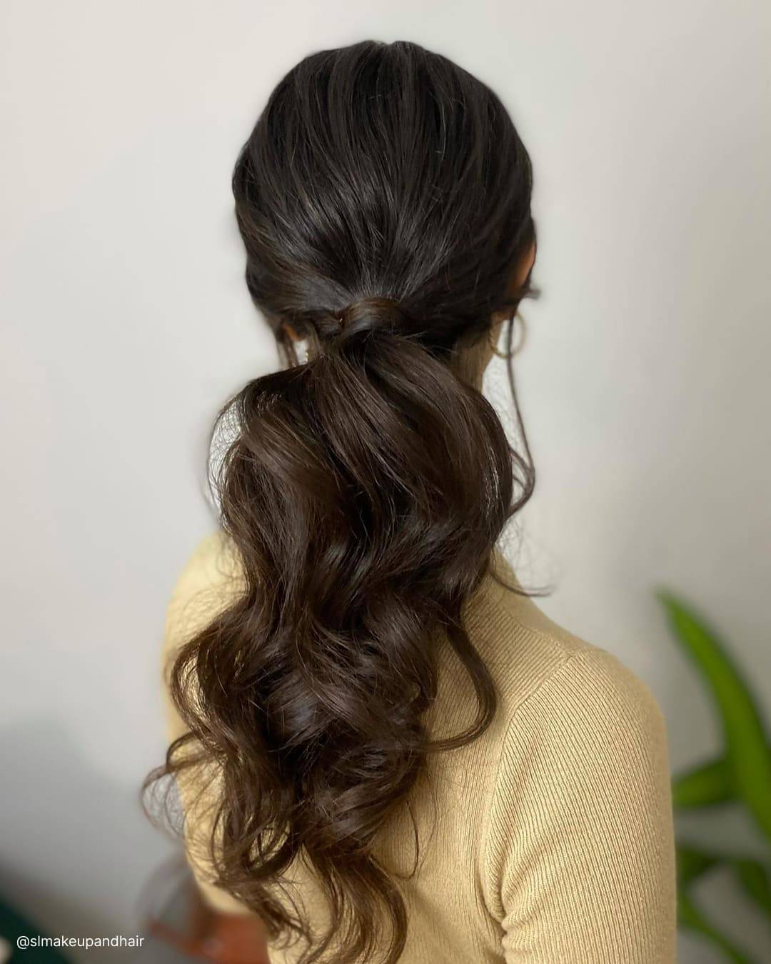 Dark Brown Low Ponytail Voluminous Waves — Low Ponytail Hairstyles