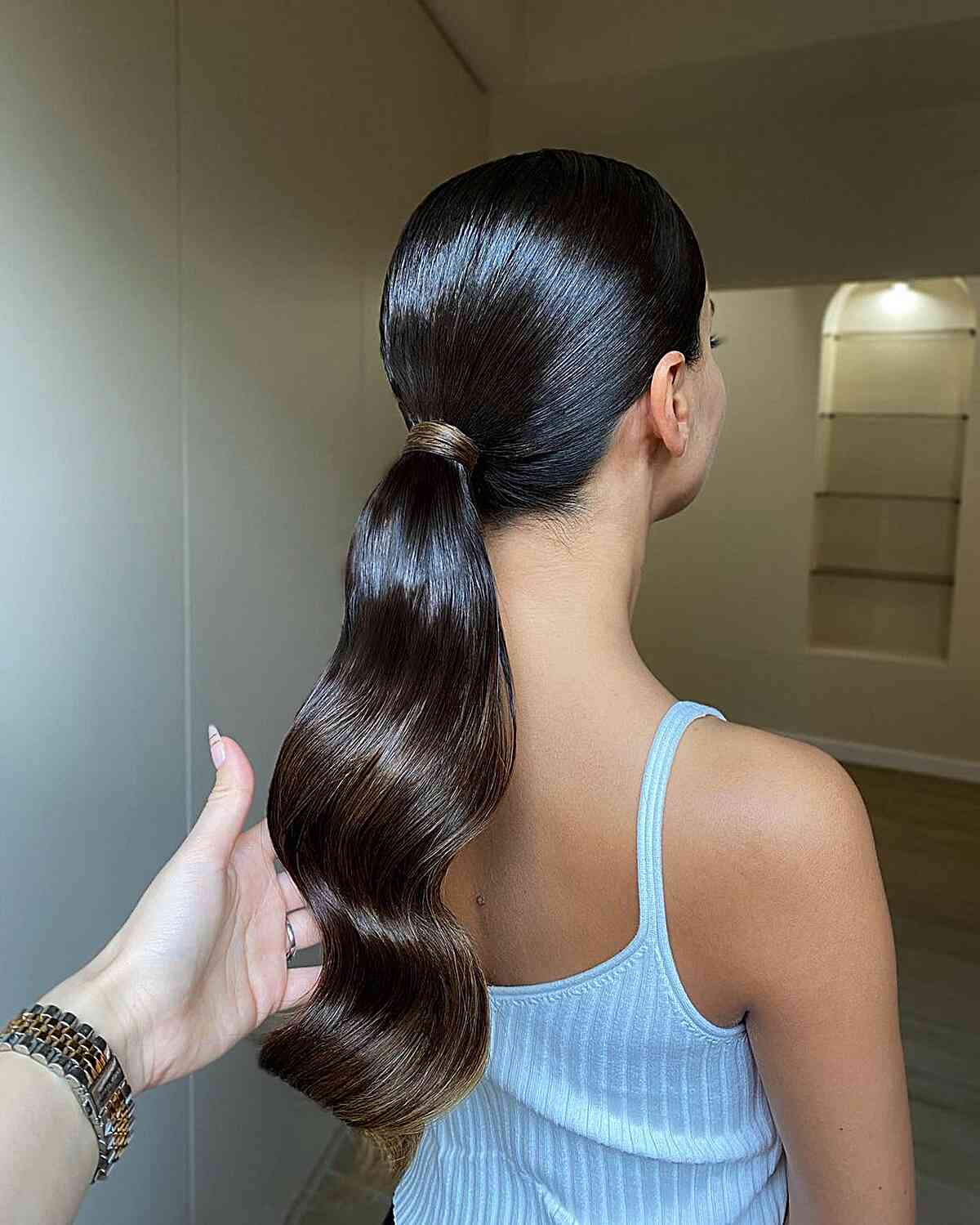 Dark Brown Ponytail Deep Glossy Waves — Low Ponytail Hairstyles