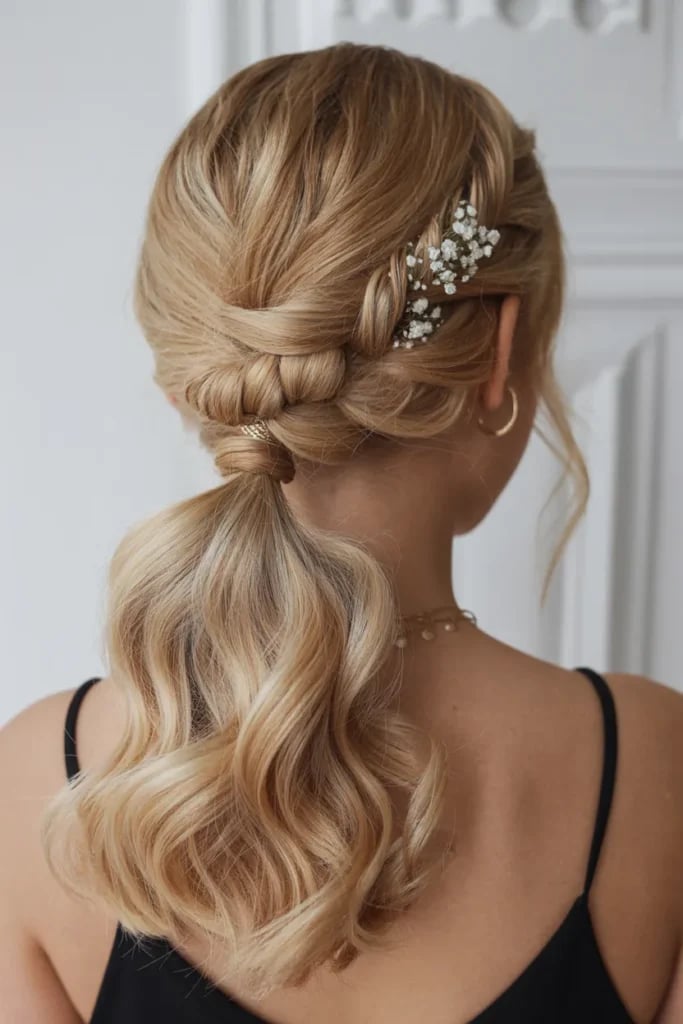 Blonde Low Ponytail Braided Elements Wispy Bangs — Low Ponytail Hairstyles