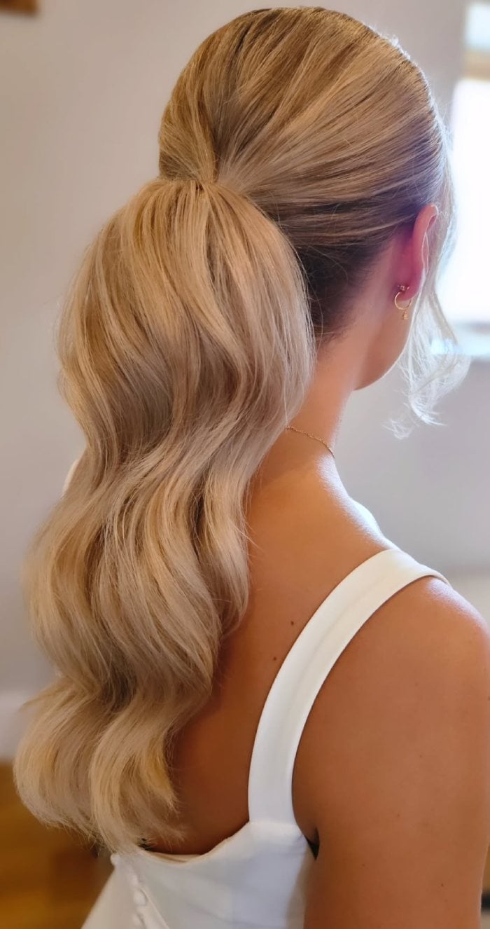Blonde Low Ponytail Soft Voluminous Waves, Mid-Back — Low Ponytail Hairstyles