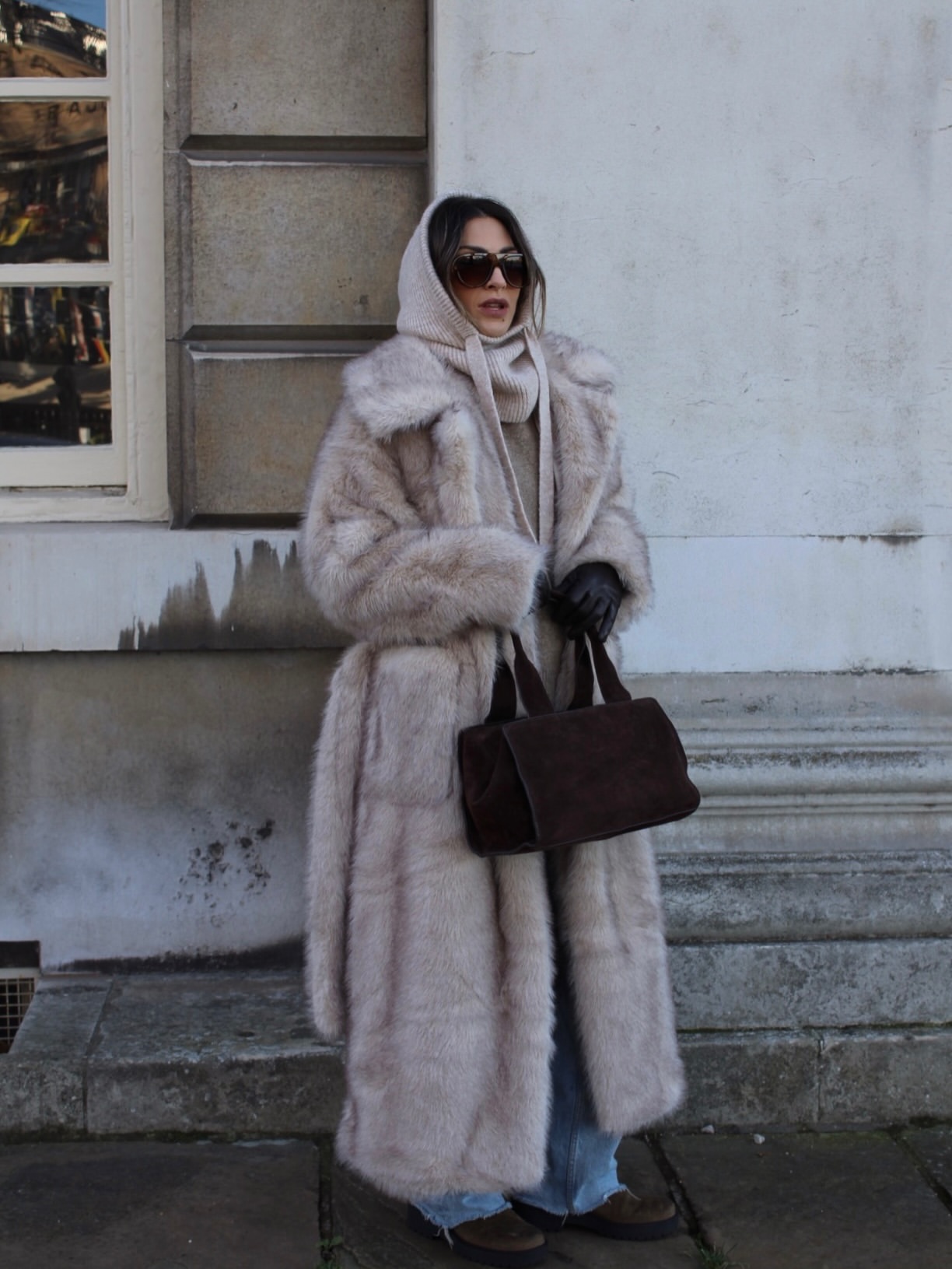 Luxurious Faux Fur Coat With Cozy Knit And Denim