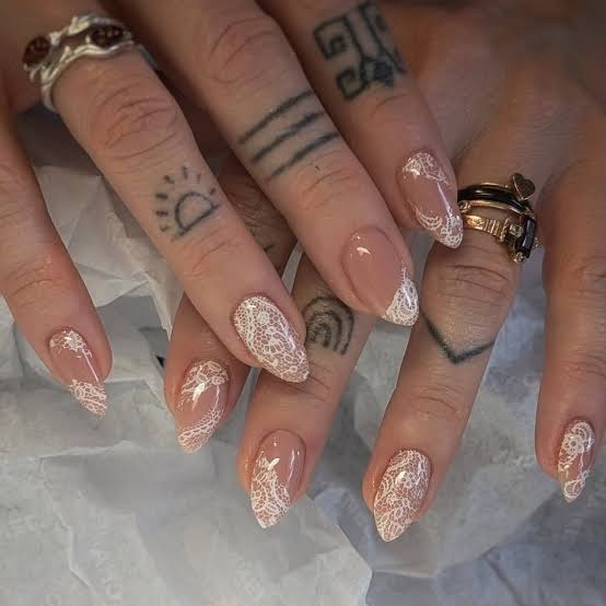 Medium Almond Nude White Lace Overlay Nails Medium Almond Nude White Lace Overlay Nails — Manicure Nails