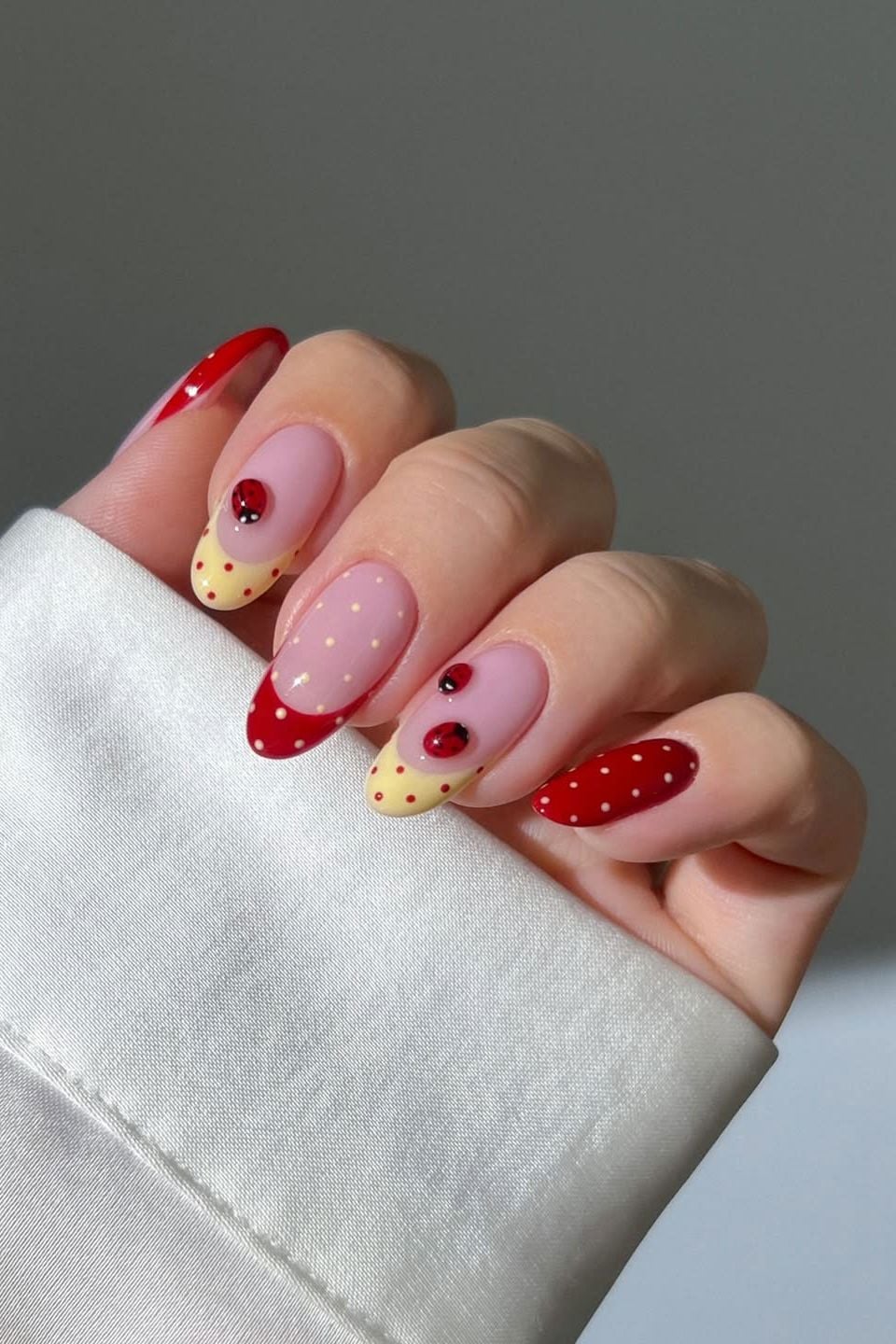 Medium Almond Polka Dot Ladybug French Tip Nails Medium Almond Polka Dot Ladybug French Tip Nails — Manicure Nails