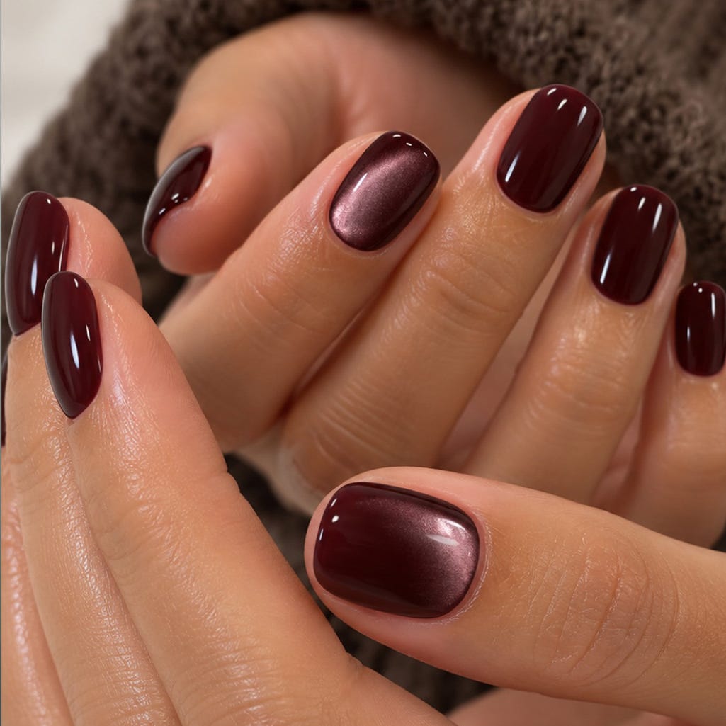 Short Oval Deep Burgundy Cat-Eye Nails Short Oval Deep Burgundy Cat-Eye Nails — Manicure Nails