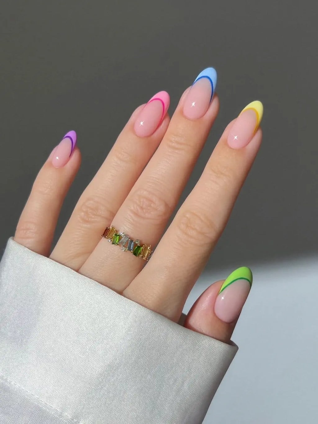 Medium Almond Rainbow Line French Tip Nails Medium Almond Rainbow Line French Tip Nails — Manicure Nails