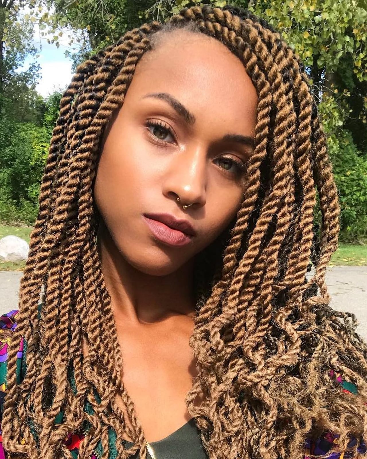 Collarbone Length Honey Blonde And Brown Twists Collarbone Length Honey Blonde And Brown Twists — Marley Twists Hairstyles
