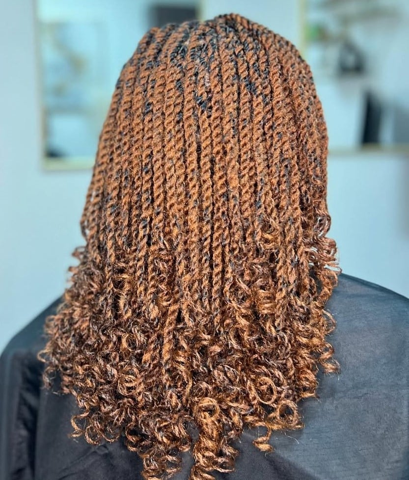 Mid-Back Auburn Twists With Wavy Ends Mid-Back Auburn Twists With Wavy Ends — Marley Twists Hairstyles