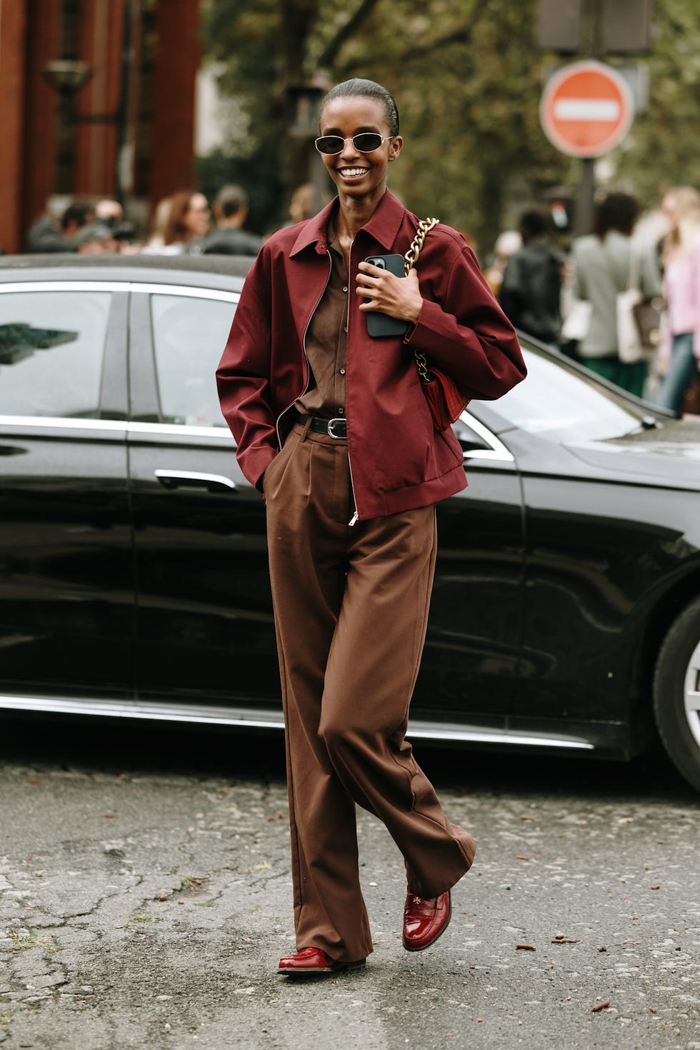 Maroon Bomber Jacket With Wide Leg Trousers — Maroon Outfits
