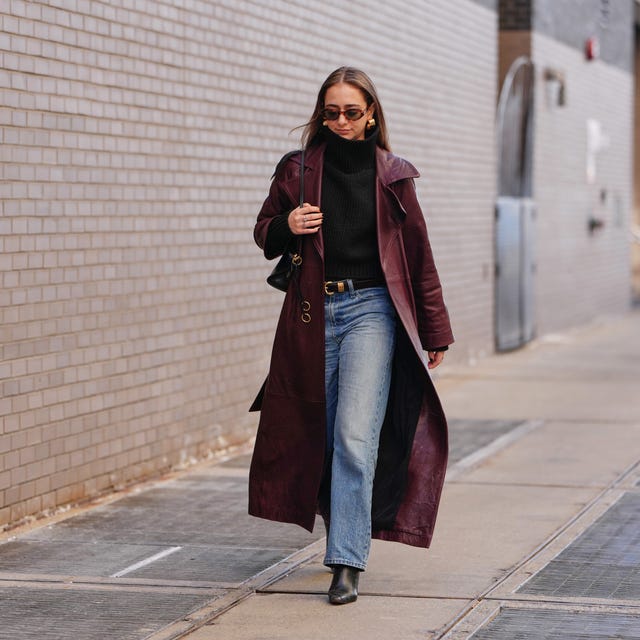 Maroon Leather Trench Coat With Jeans and Black Ankle Boots — Maroon Outfits