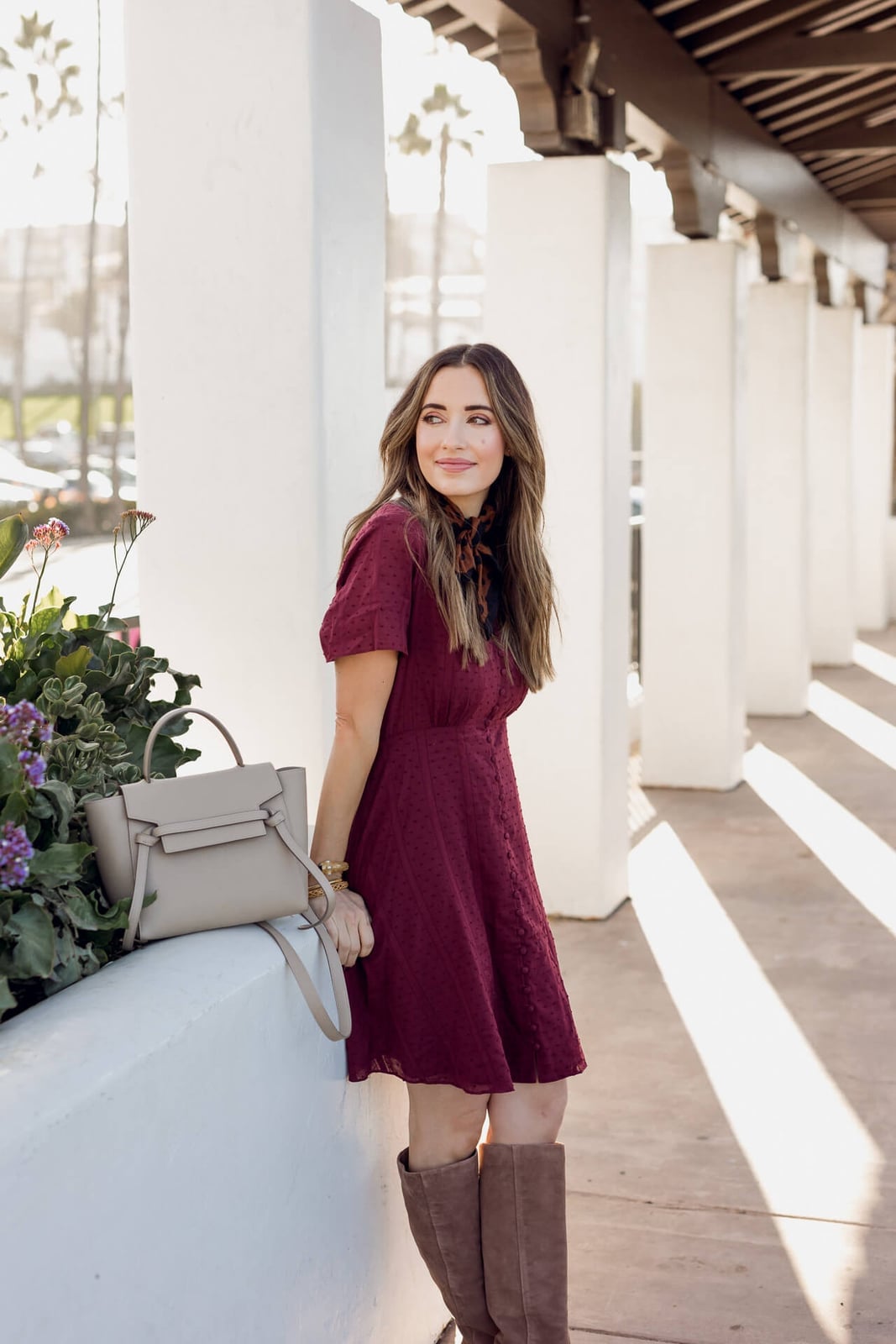 Maroon Textured A-Line Dress With Boots — Maroon Outfits