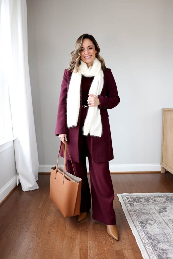 Maroon Wide Leg Suit With Cream Scarf — Maroon Outfits