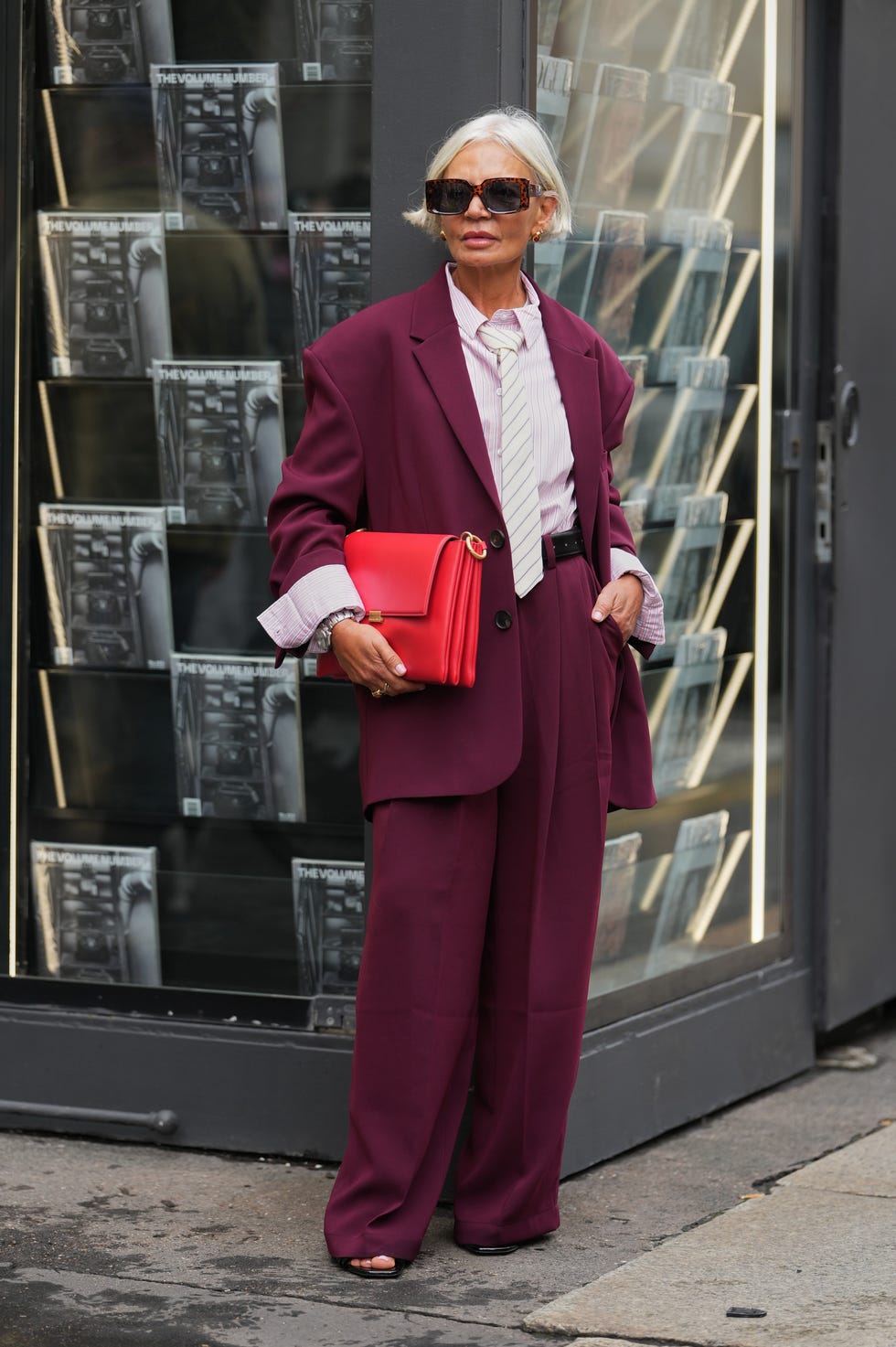 Oversized Maroon Suit With Striped Shirt — Maroon Outfits