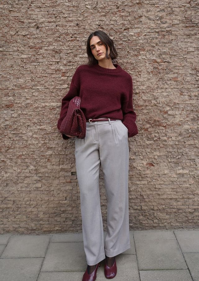Maroon Oversized Sweater With Wide Leg Pants — Maroon Outfits