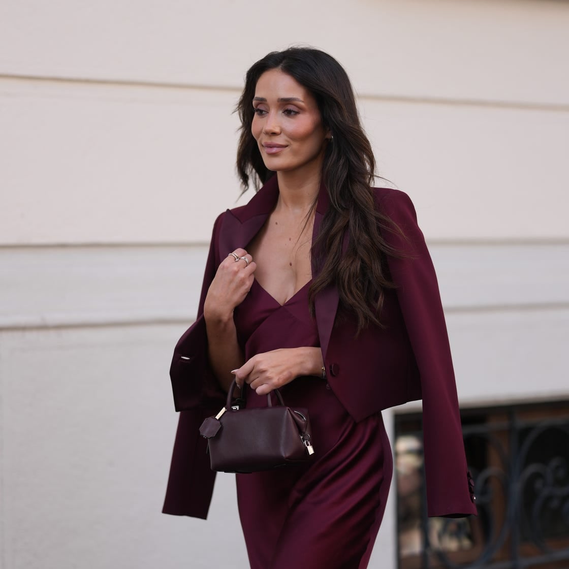 Maroon Satin Slip Dress With Cropped Blazer — Maroon Outfits