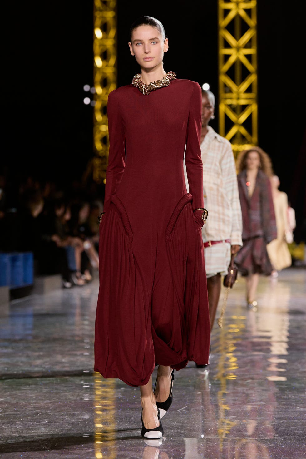 Burgundy Dress With Voluminous Textured Skirt — Maroon Outfits