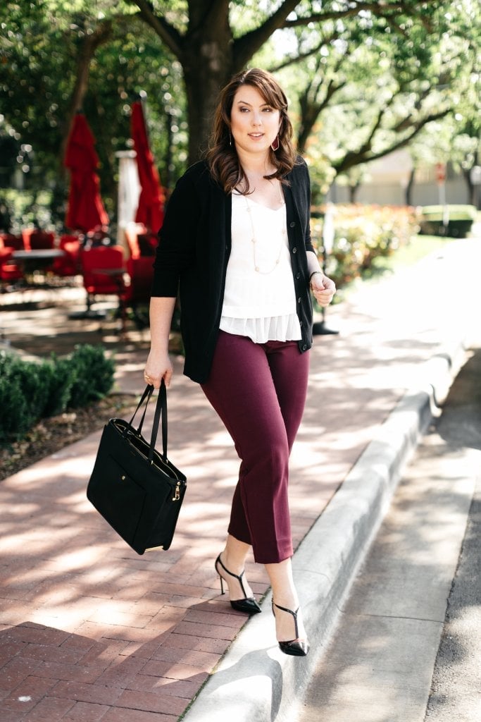 Maroon Cropped Trousers With Black Cardigan — Maroon Outfits
