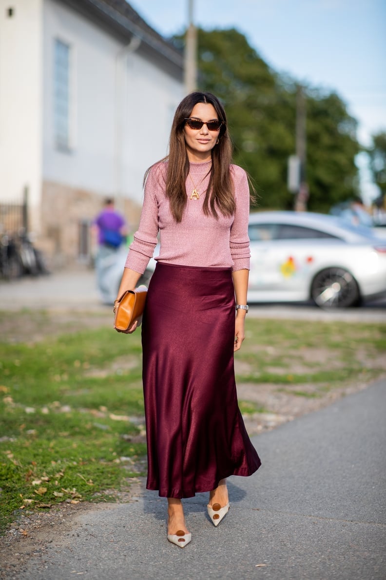Maroon Satin Midi Skirt With Sparkly Sweater — Maroon Outfits