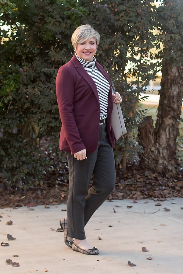 Maroon Blazer With Striped Turtleneck — Maroon Outfits