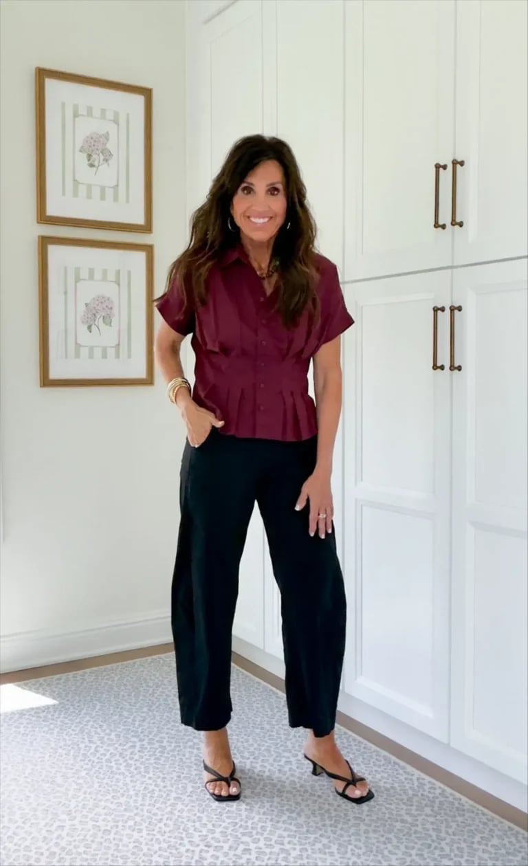 Maroon Peplum Blouse With Wide Leg Pants — Maroon Outfits