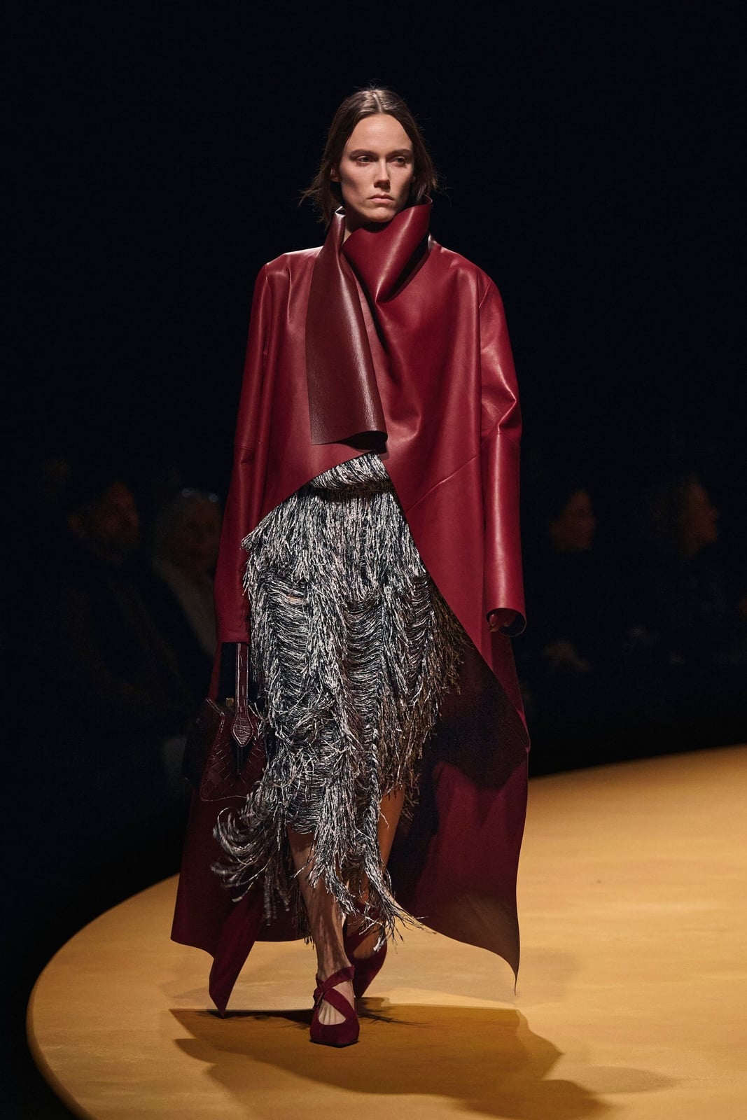 Burgundy Leather Coat Over Fringe Dress — Maroon Outfits