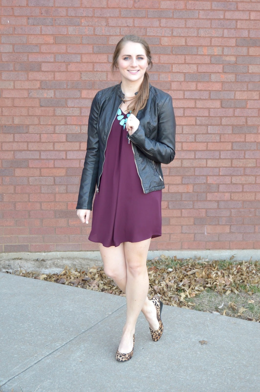 Maroon A-Line Dress With Leather Jacket — Maroon Outfits