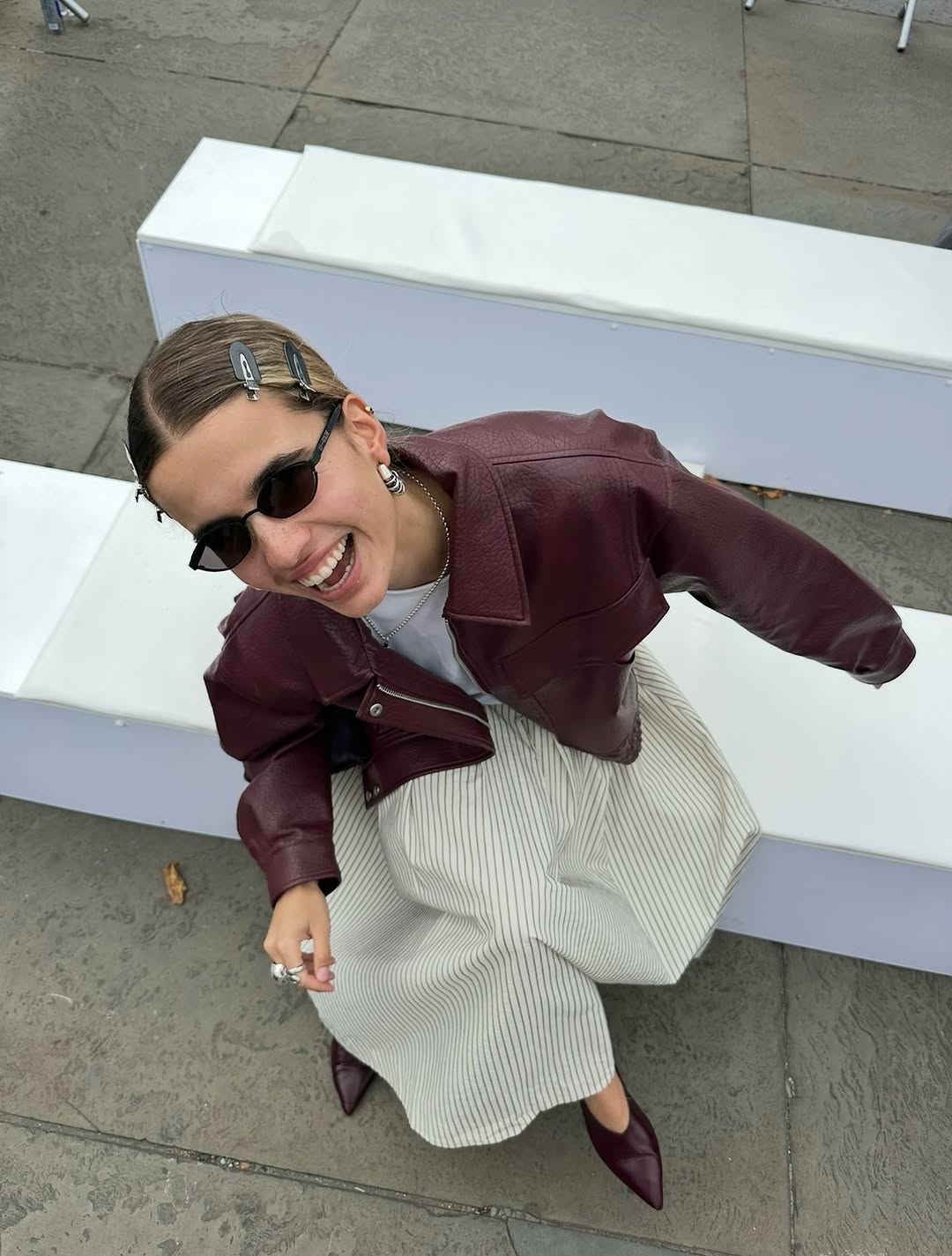 Maroon Leather Jacket With Pinstripe Skirt — Maroon Outfits