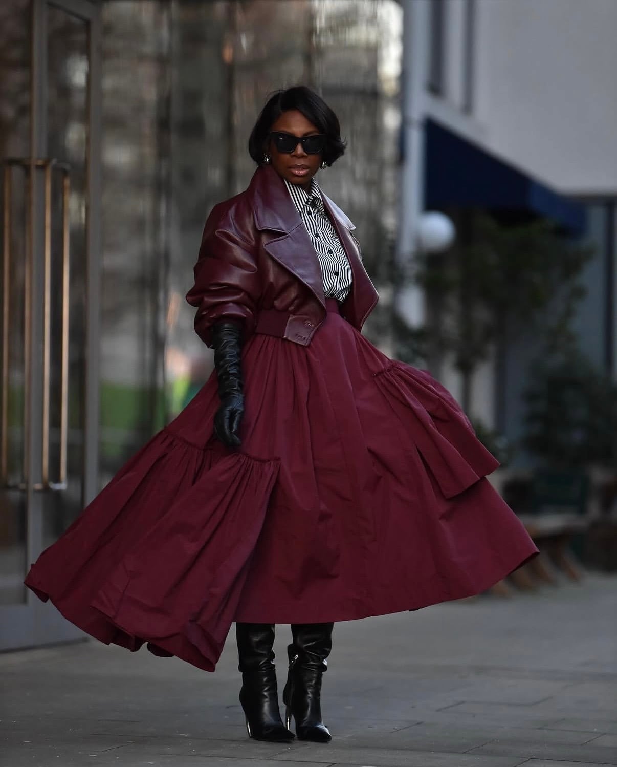 Voluminous Tiered Maroon Skirt With Leather Jacket — Maroon Outfits