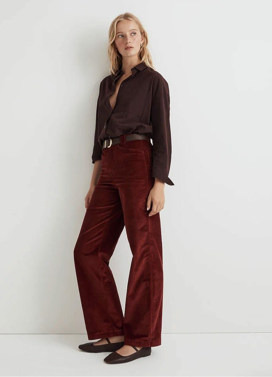 Maroon Corduroy Wide Leg Pants With Brown Shirt, Close-Up Take — Maroon Outfits