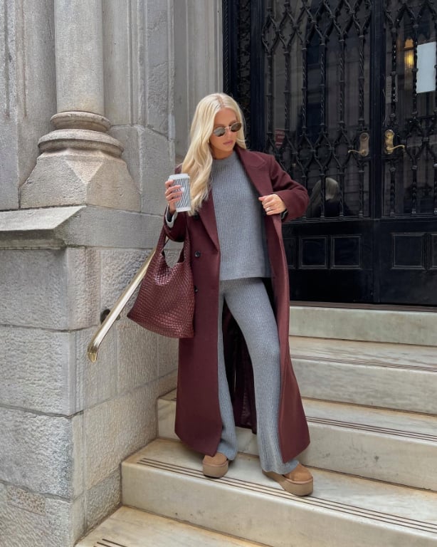 Long Maroon Coat Over Gray Knit Set With Tan Platform Clogs — Maroon Outfits