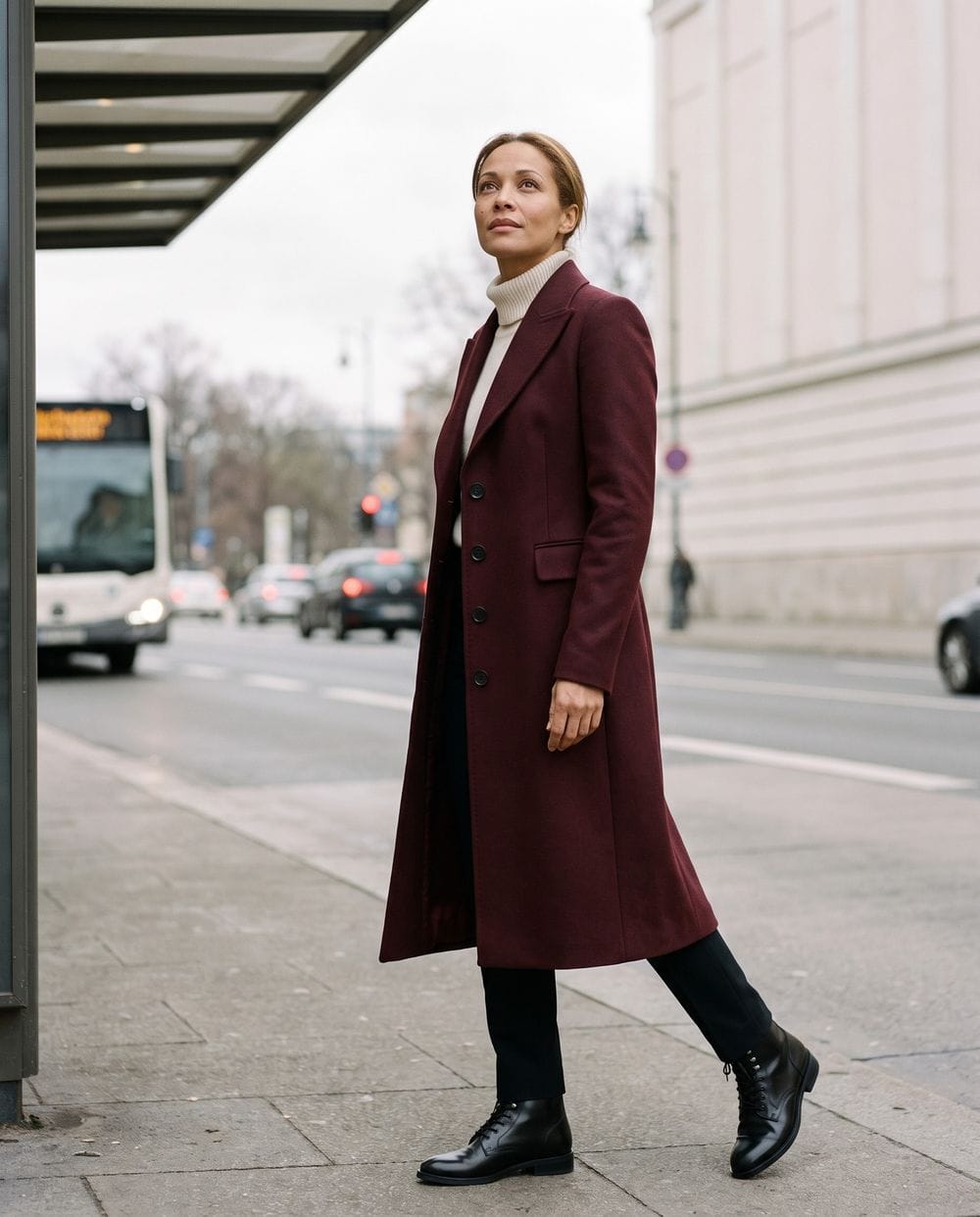 Fitted Burgundy Wool Coat With Turtleneck and Black Ankle Boots — Maroon Outfits