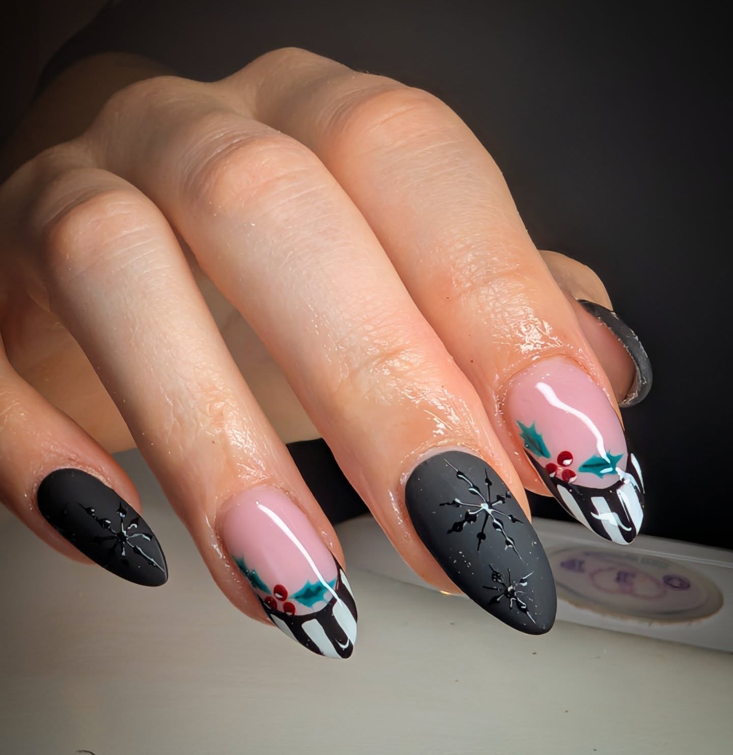 Matte Black Goth Christmas Snowflakes French Tips