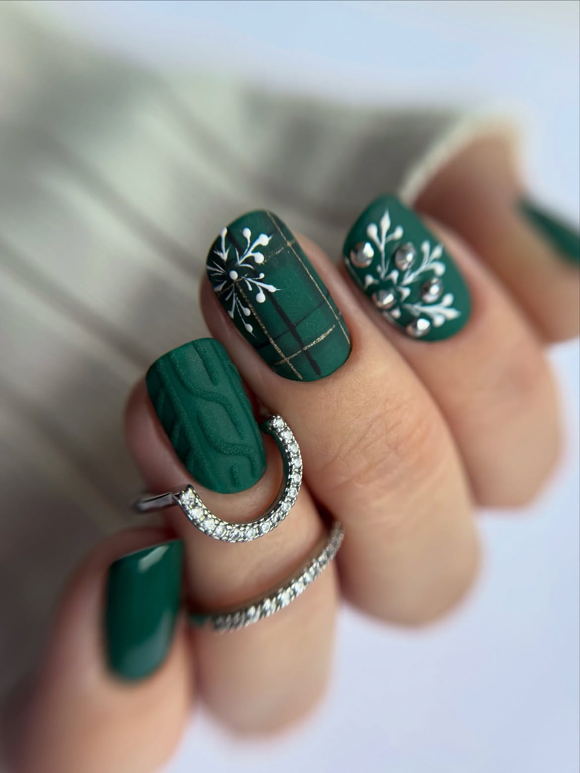Matte Forest Green Snowflake And Plaid Winter Nails