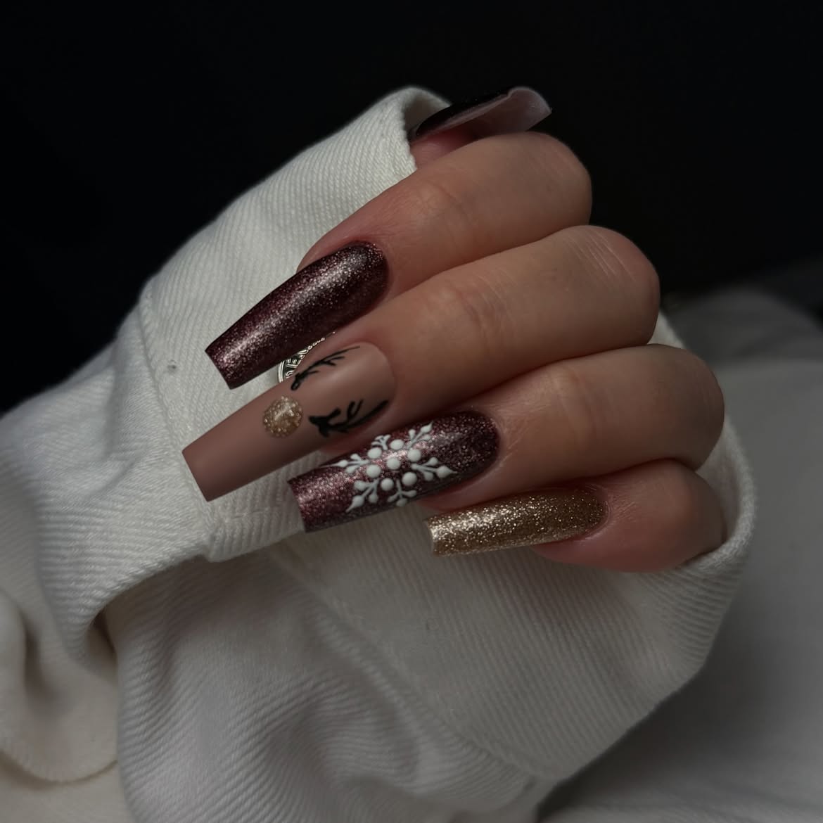 Matte Nude Reindeer Snowflake Coffin Nails