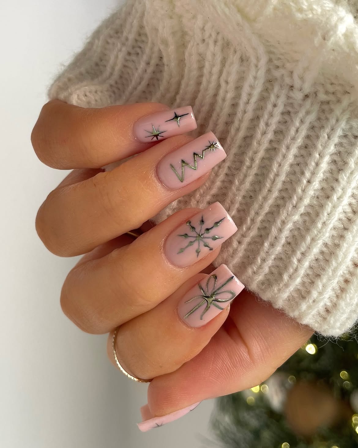 Matte Pink Nails with Metallic Holiday Art