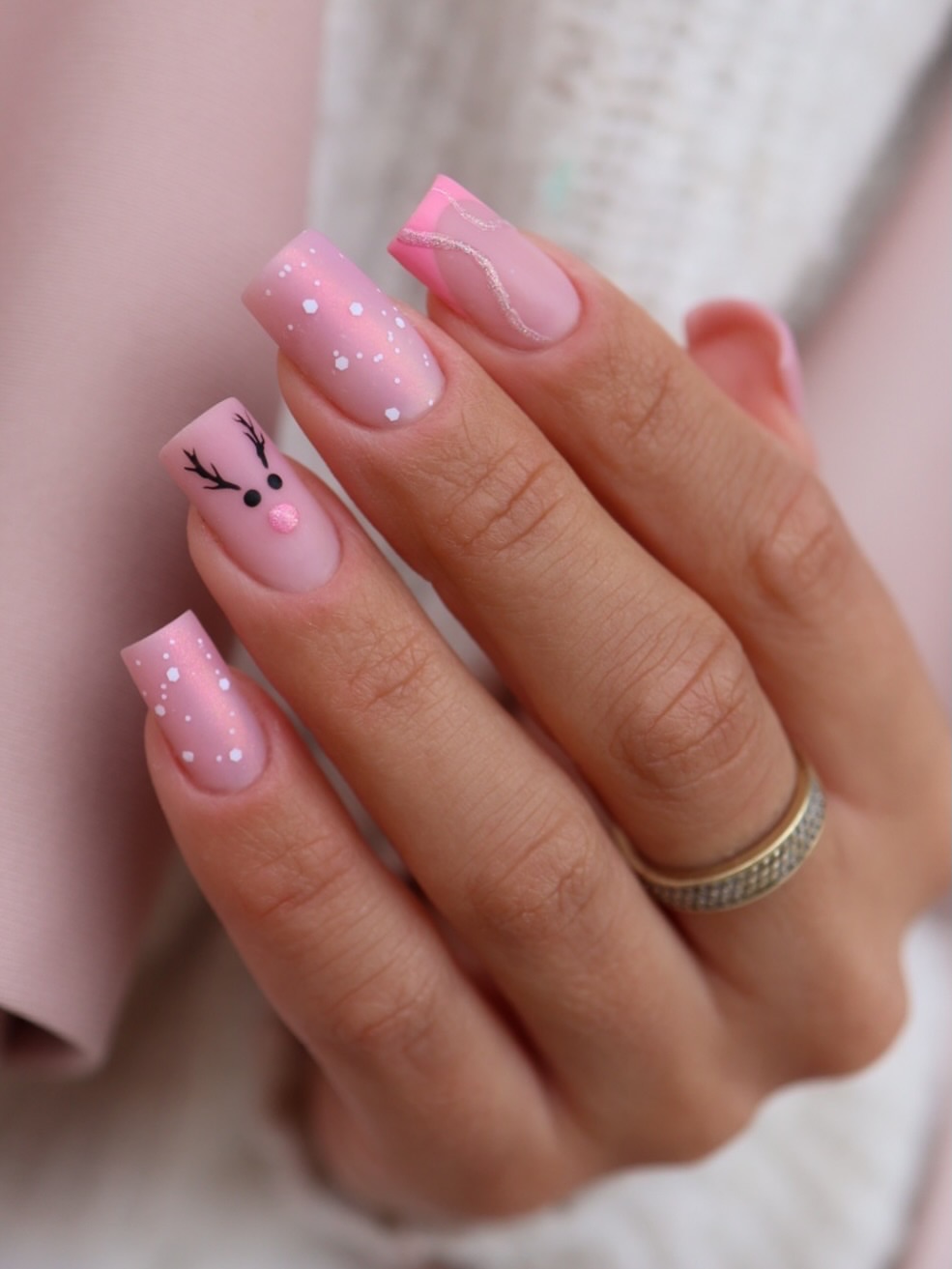 Matte Pink Reindeer And Snowflake Christmas Nails