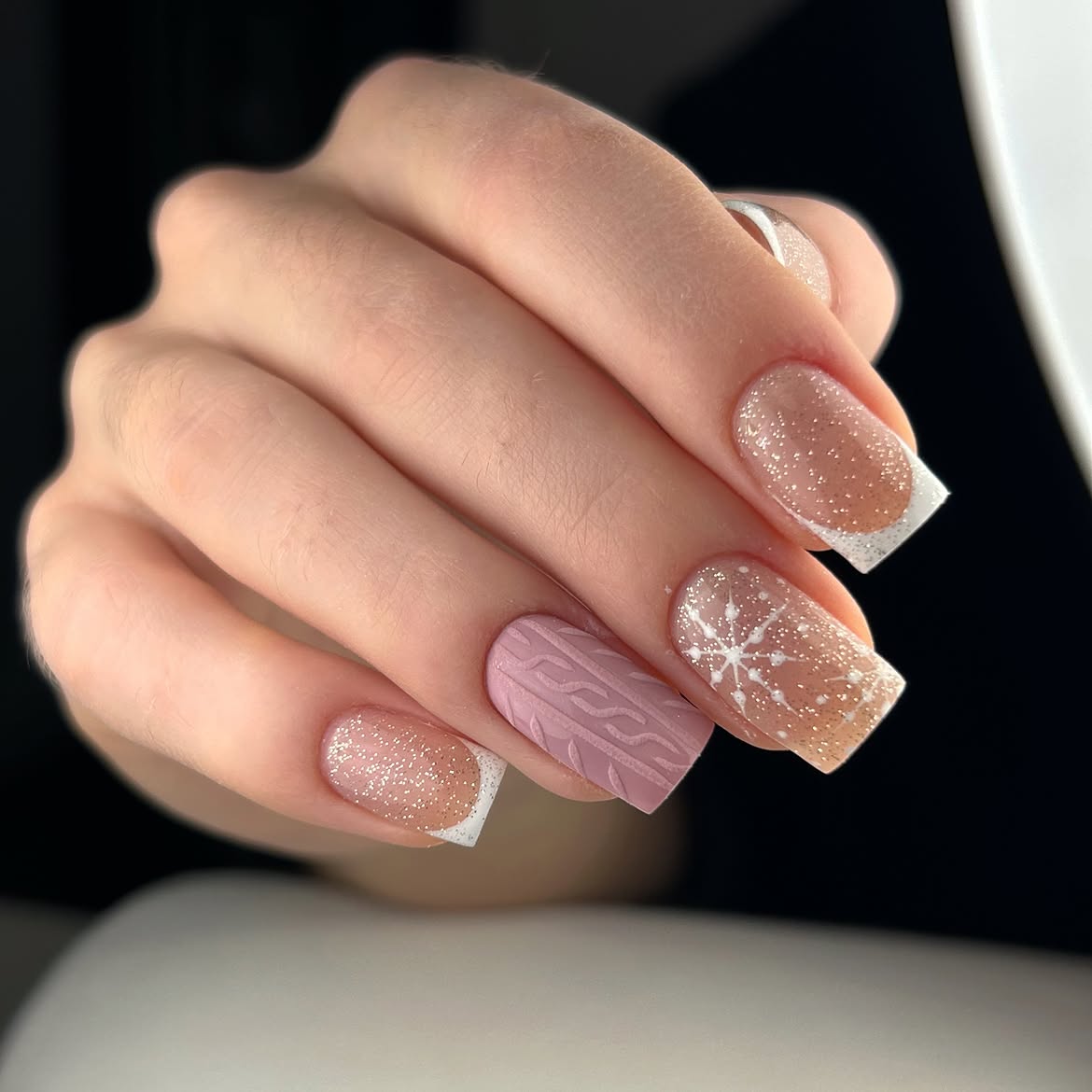 Matte Pink Sweater Knit And Sparkly French Snowflake Nails