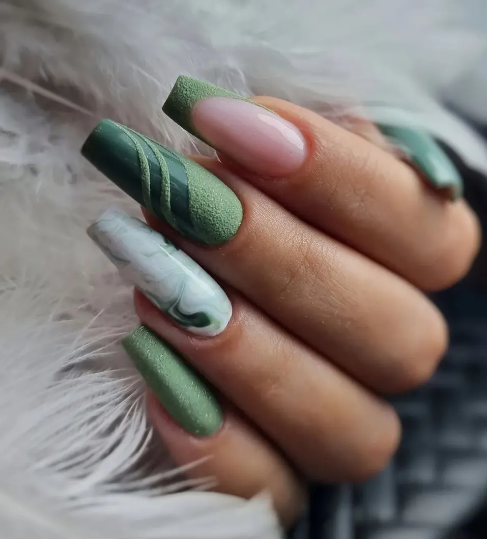 Matte Sage Green Marble French Tips