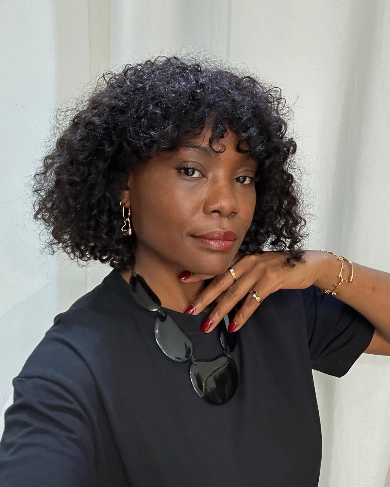 Short Black Bob With Curly Bangs — Medium Curly Hair