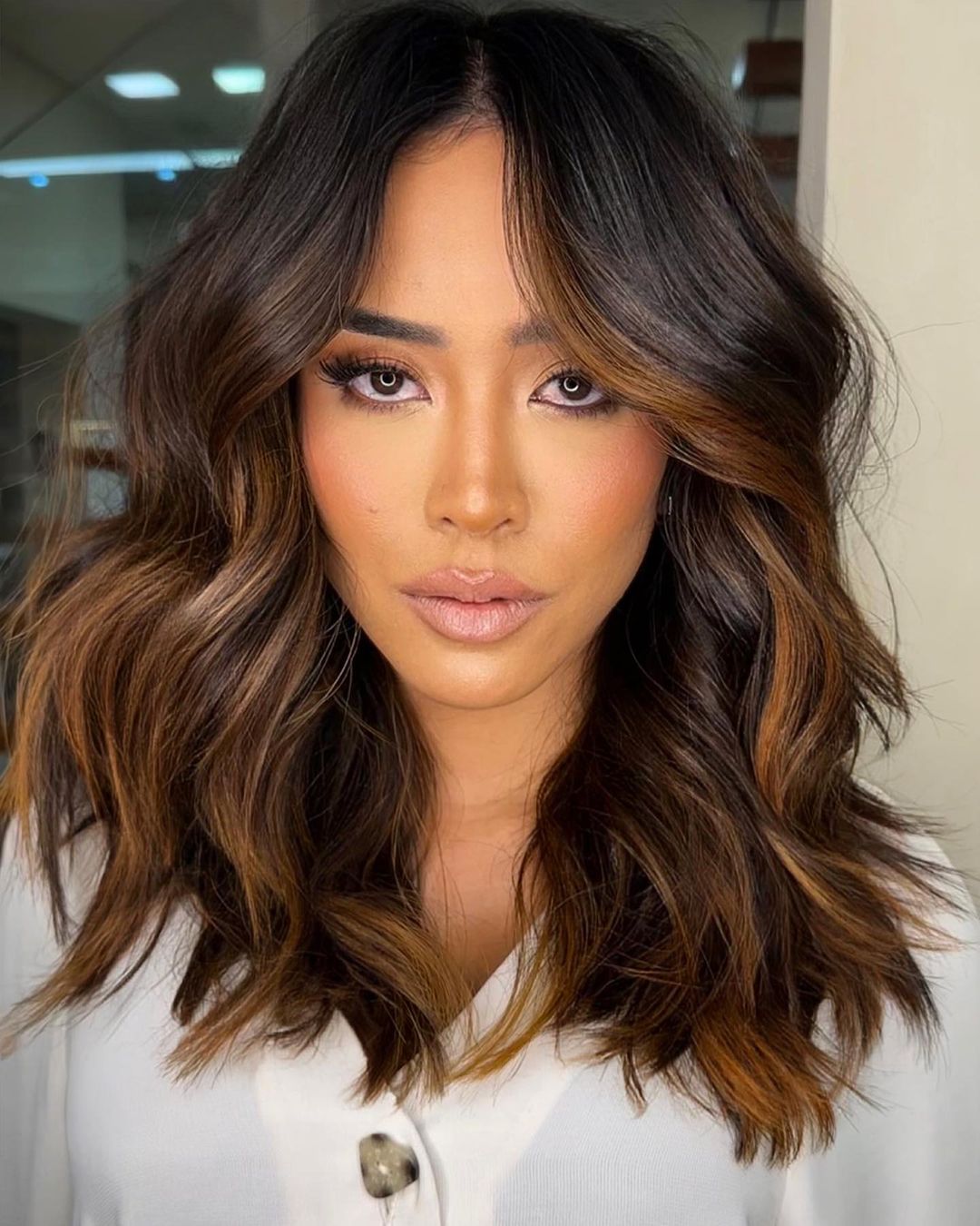 Collarbone Layers Dark Brown Caramel Balayage — Medium Hair