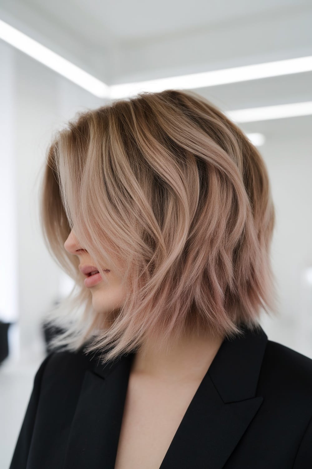 Chin Length Angled Bob Ash Blonde Pink — Medium Hair