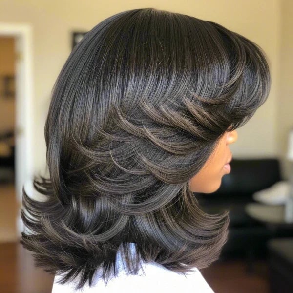 Chin Length Layered Bob Dark Brown Lowlights, Wavy — Medium Hair