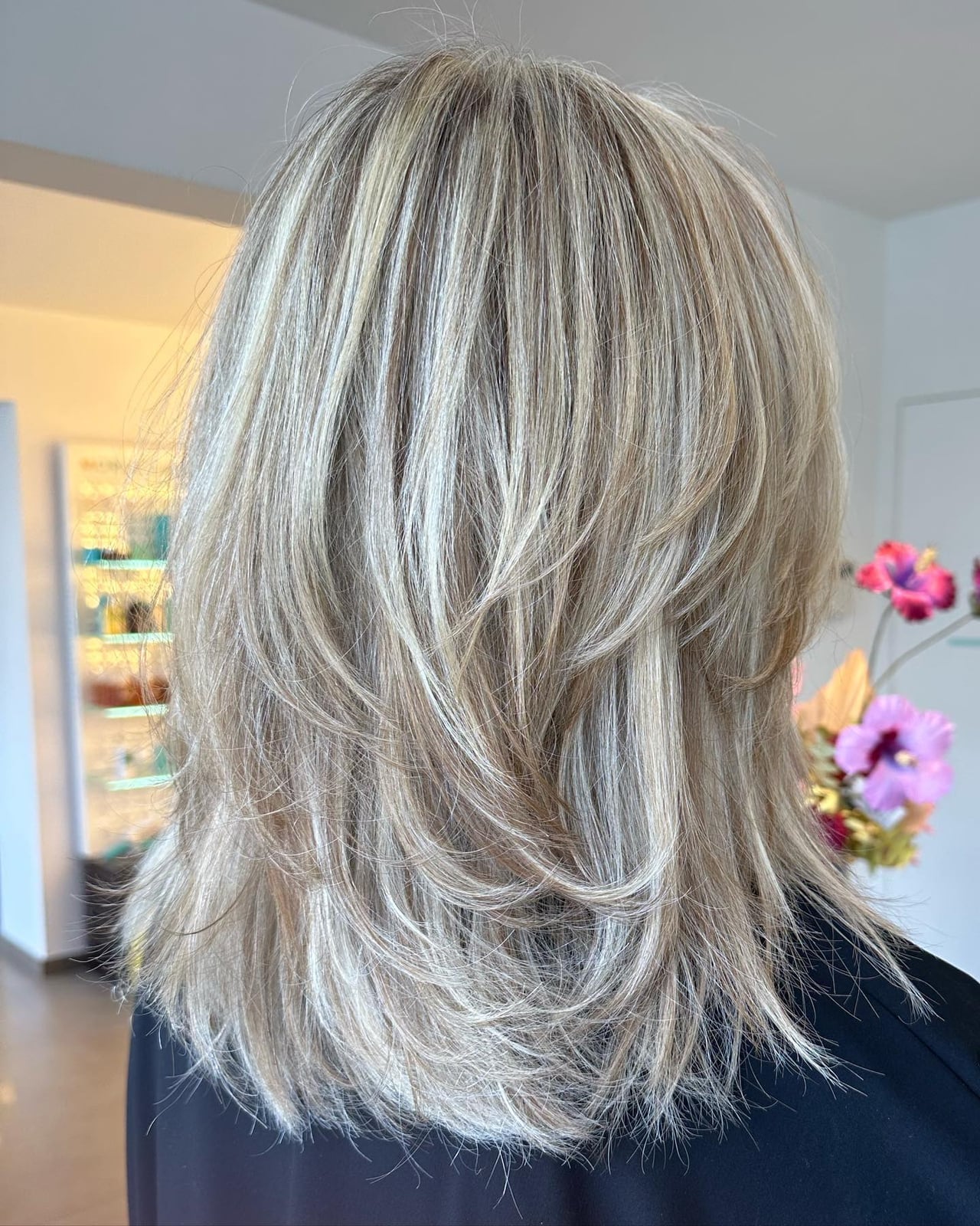 Collarbone Layered Cut Ash Blonde Highlights With Creating Dimension — Medium Hair