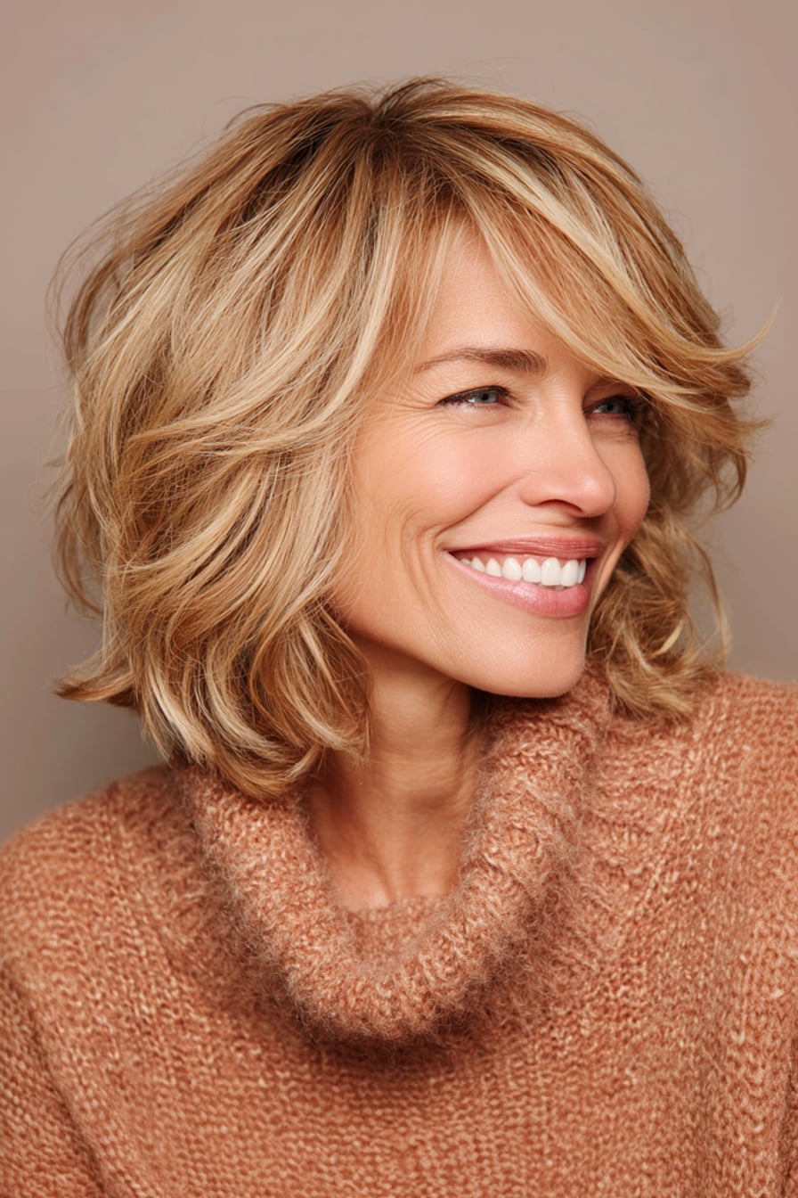 Collarbone Shag Honey Blonde Wispy Bangs — Medium Hair