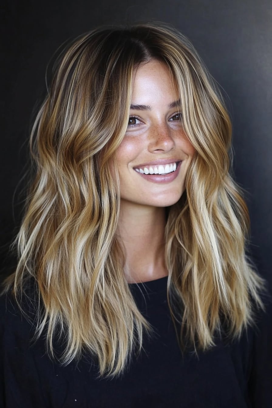 Shoulder Length Layered Cut Honey Blonde Balayage — Medium Hair