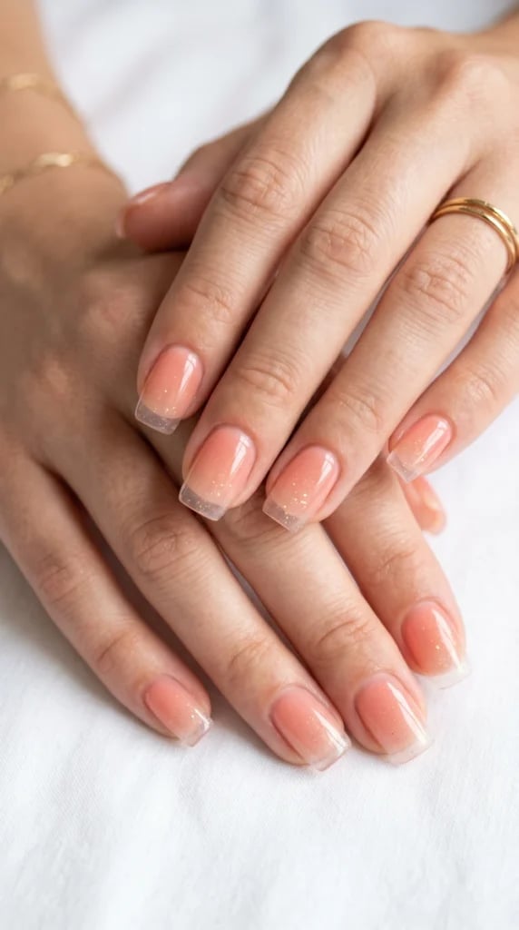 Peach To Clear Ombre Glitter Medium Square Nails