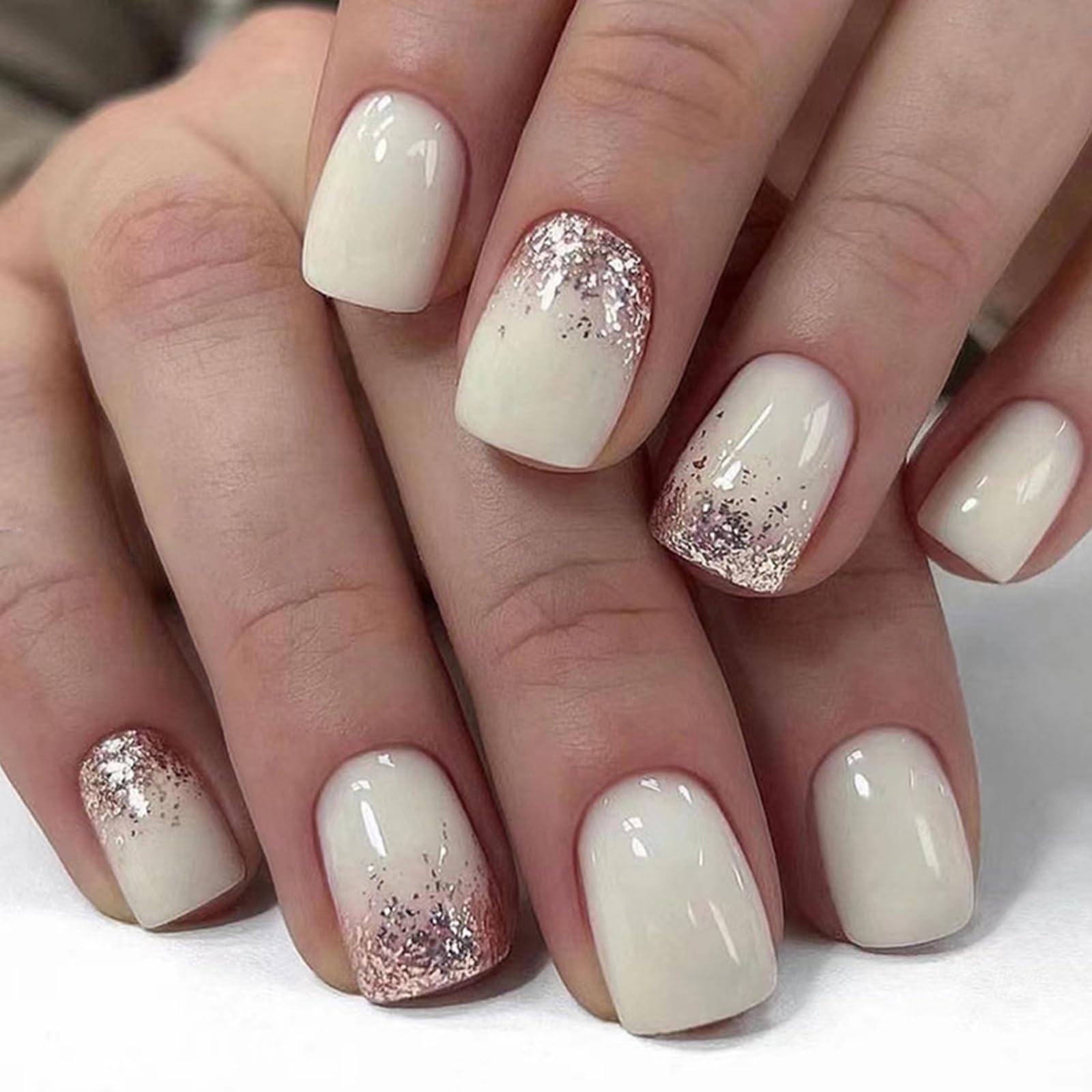 Milky White Rose Gold Glitter Gradient Medium Square Nails