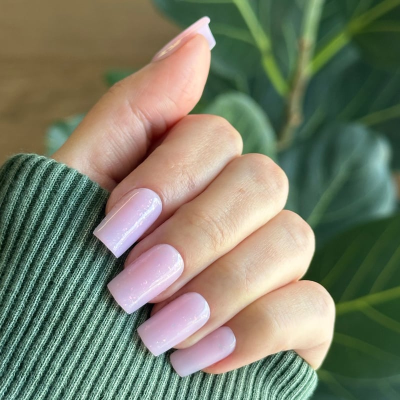 Pale Pink Glitter Accent Medium Square Nails, Close-Up Take