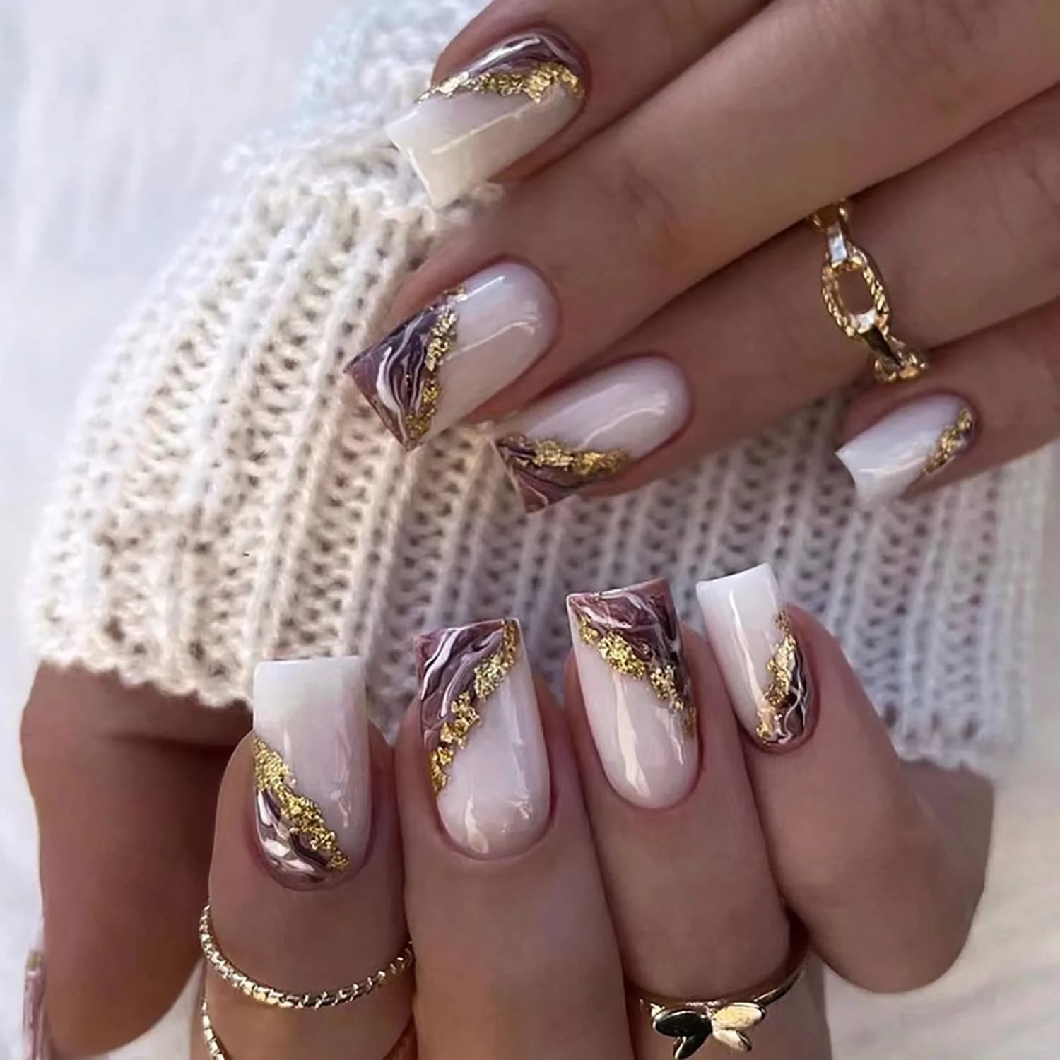 Cream White Deep Purple Marble Gold Foil Medium Square Nails