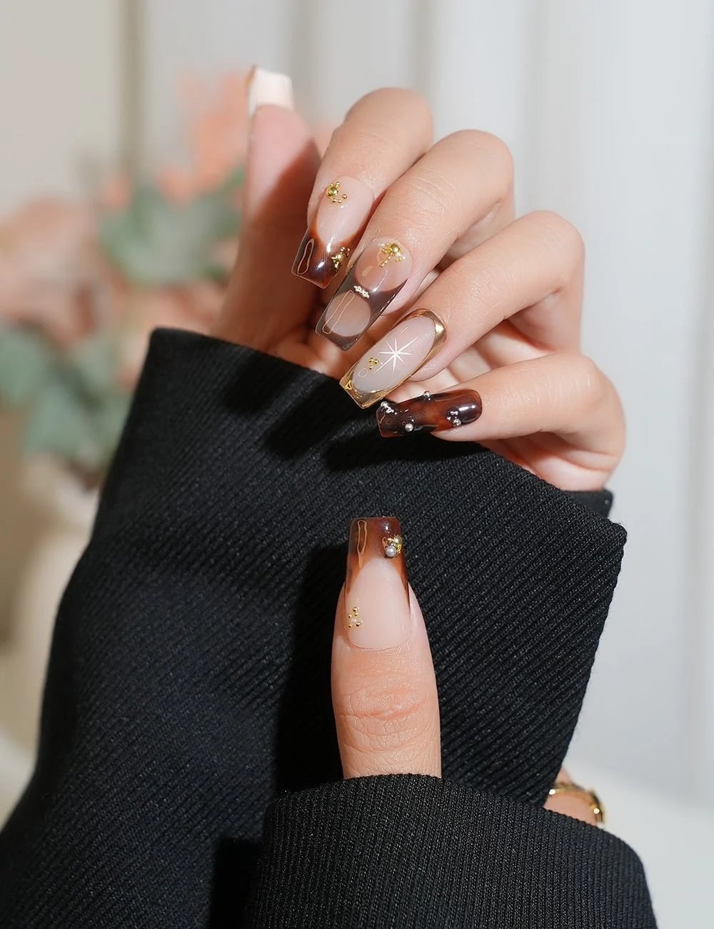 Brown Beige Marble Gold Foil Rhinestone Medium Square Nails